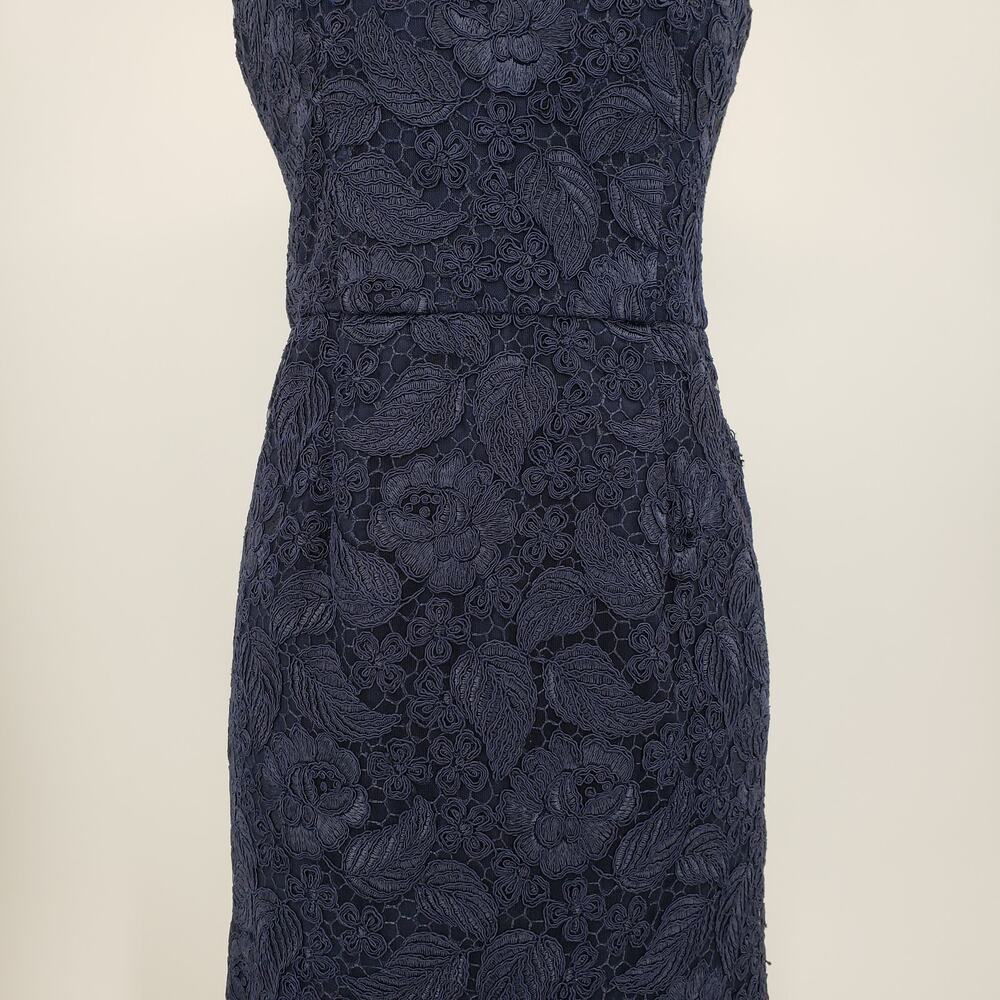ML Monique Lhuillier Follow Suit Sheath Dress 12 Floral Leaf Lace Cocktail Navy - Picture 9 of 14
